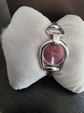 Gucci Women's Silver Link Watch with Burgundy Face